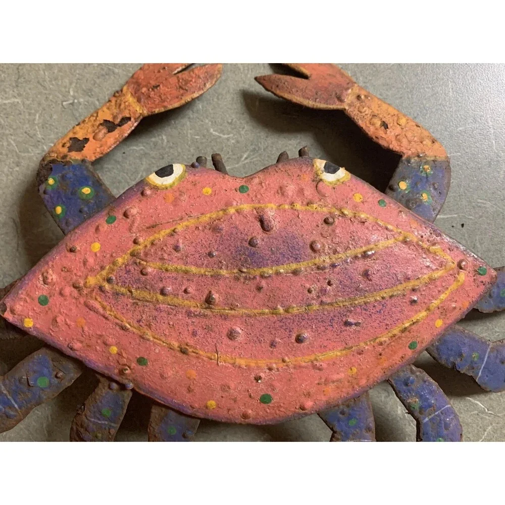 Rusty Metal Red/Blue/ Yellow Crab Wall / Porch Decor Approx 12”x 8”